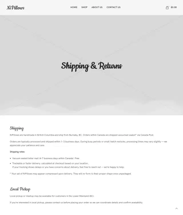 NiPillows by Nipple911 wireframe: Shipping and returns