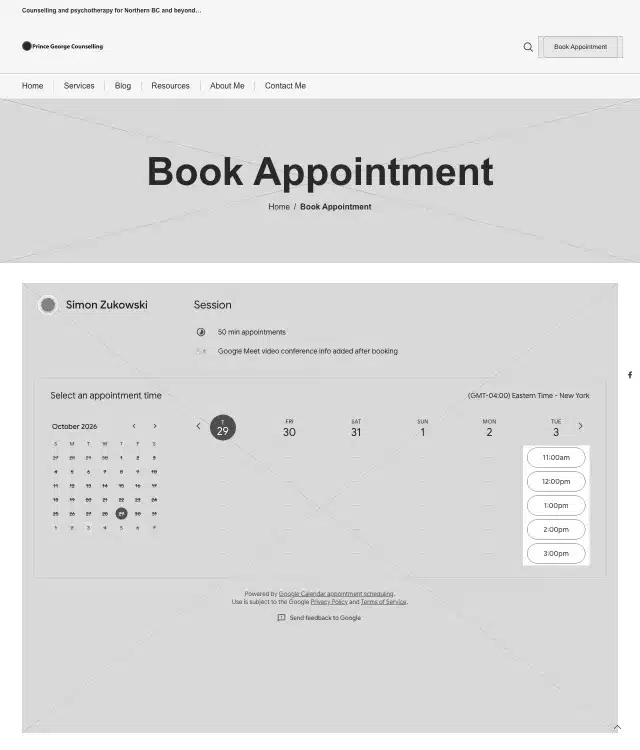 Prince George Counselling wireframe: Book an appointment