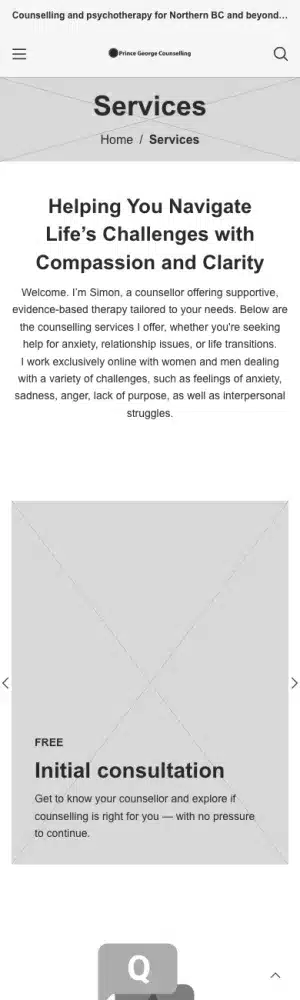 Prince George Counselling wireframe: Services, phone