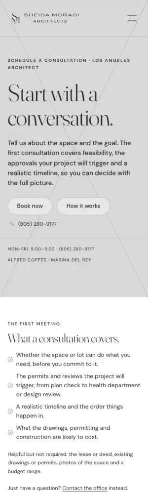 Sheida Moradi Architects wireframe: Schedule a consultation, phone
