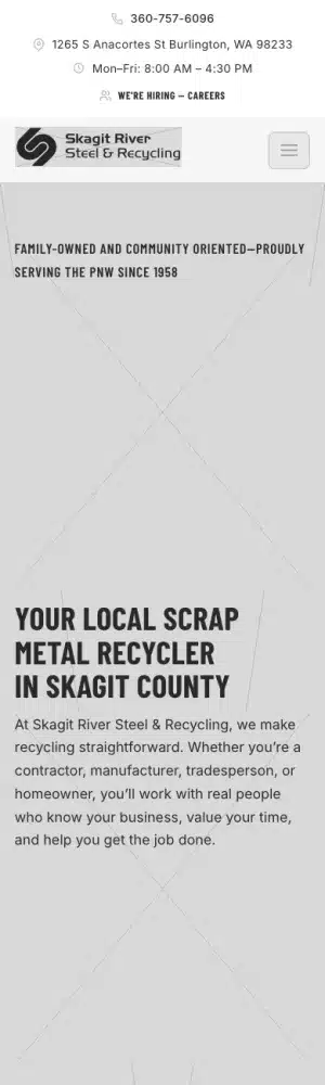 Skagit River Steel and Recycling wireframe: Home, phone