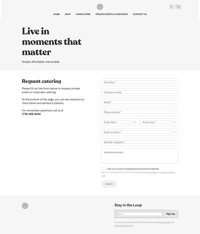 Tipo Foods wireframe: Private events