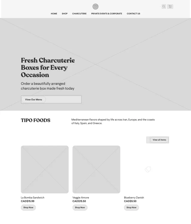 Tipo Foods wireframe: Home