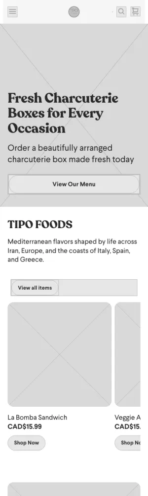 Tipo Foods wireframe: Home, phone