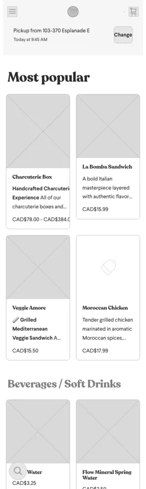 Tipo Foods wireframe: Shop, phone