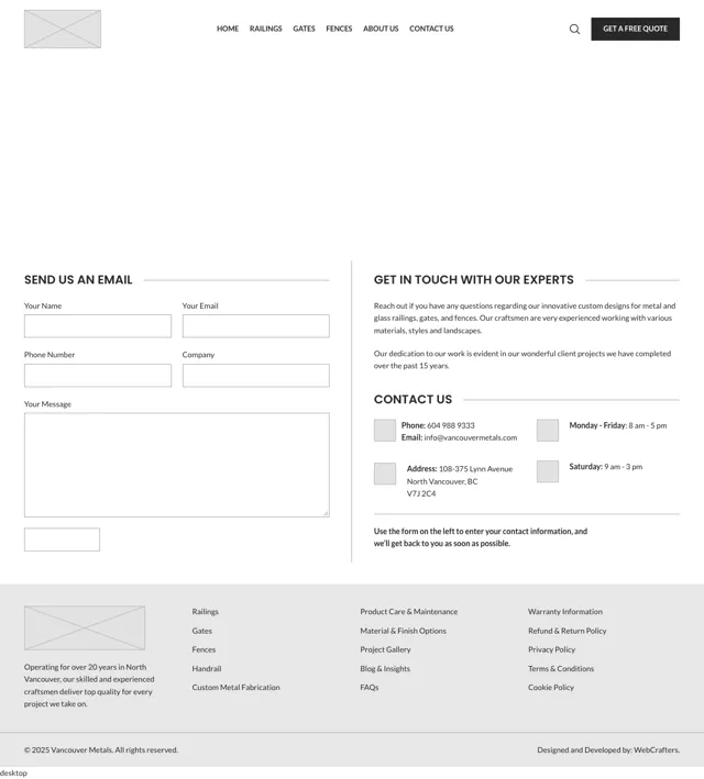 Vancouver Metals wireframe: Contact us