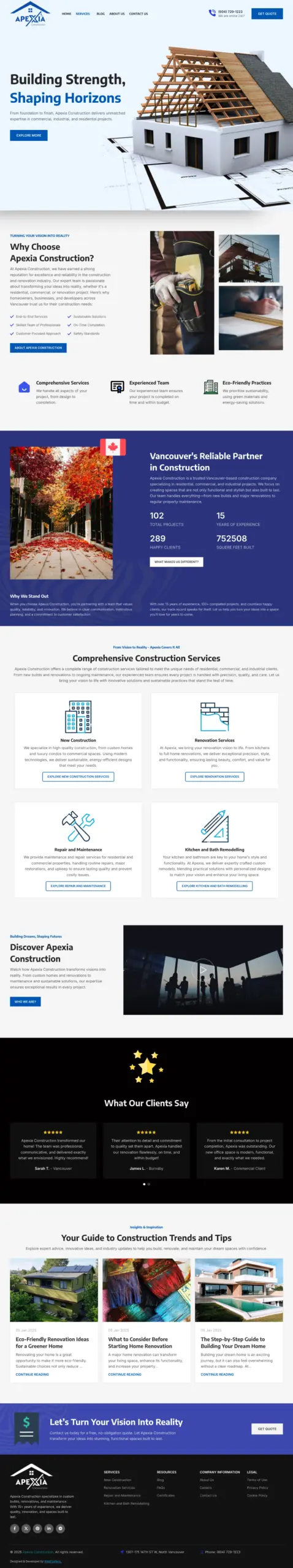 Full page of the Apexia Construction website